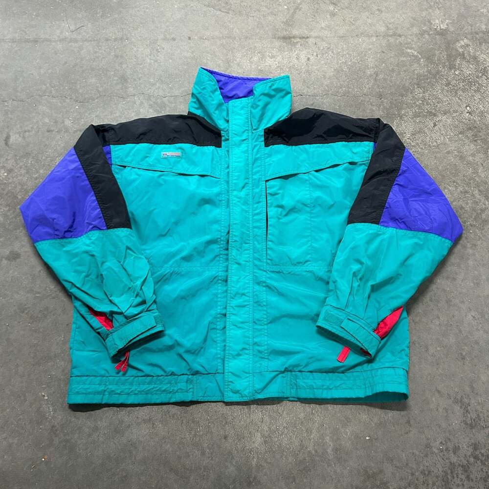 Vintage 90s Columbia Radial Sleeve Jacket Men XL Teal Purple Black Fleece Lined